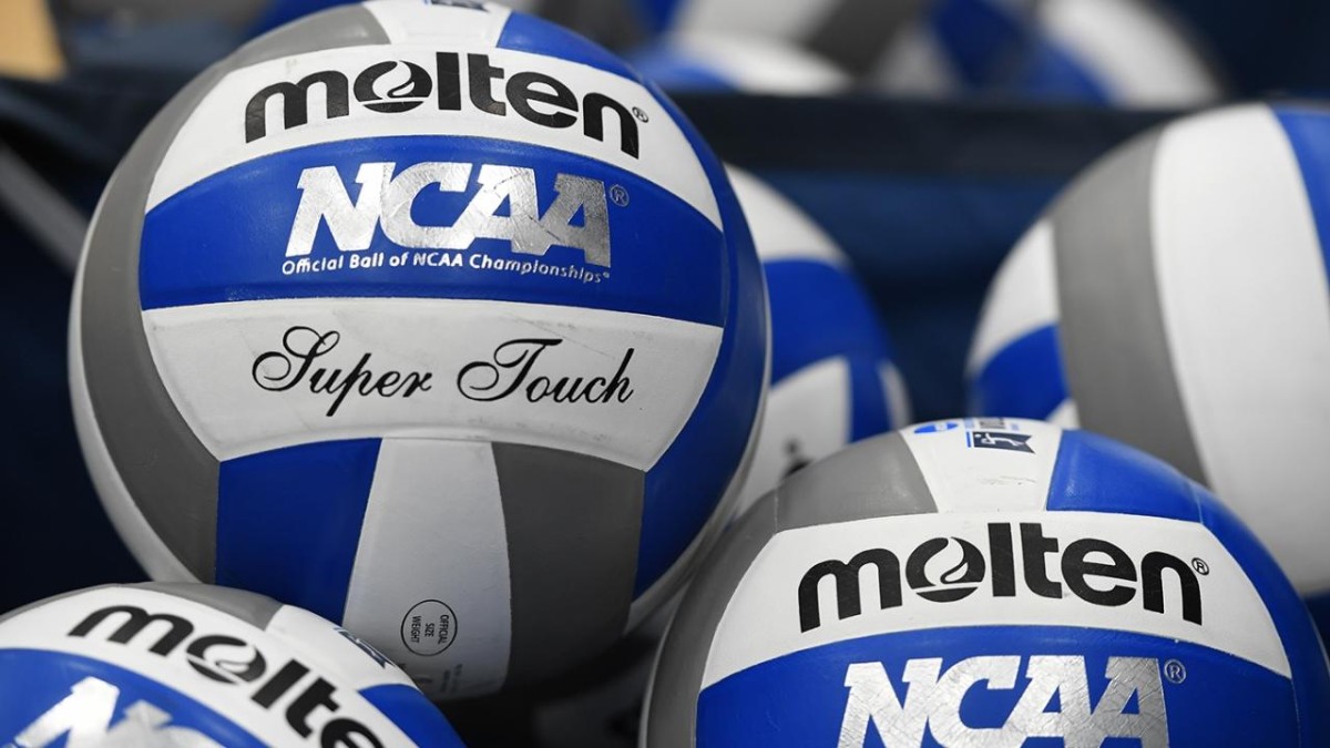 Numerous volleyballs piled together.