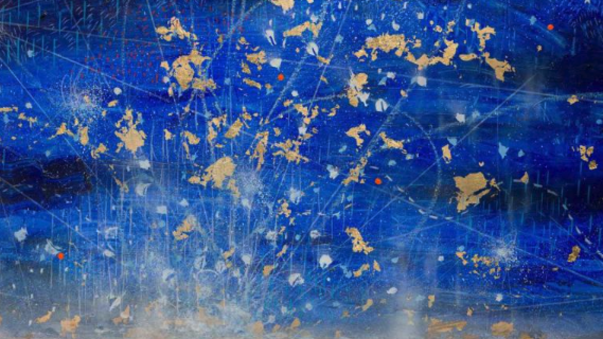A large scale painting with the use of bold black and blue colors.