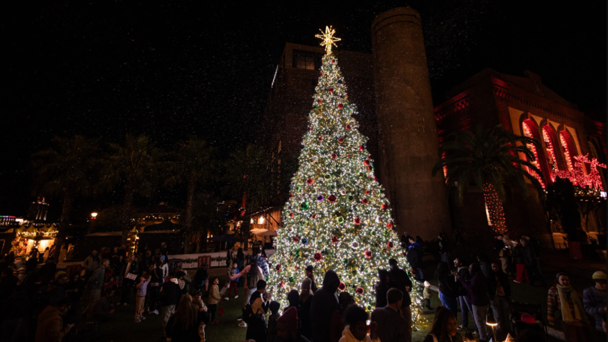 An enormous outdoor Christmas Tree lighting ceremony at Plant Riverside District in Savannah, GA.