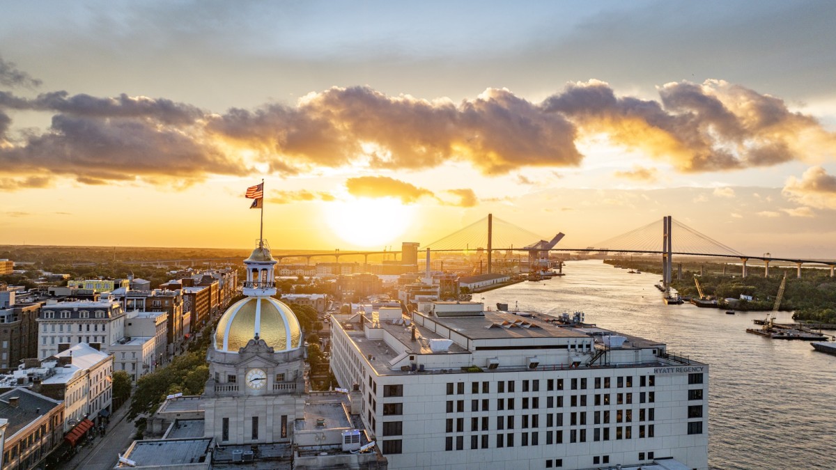 An aerial view of downtown Savannah, GA at sunset.