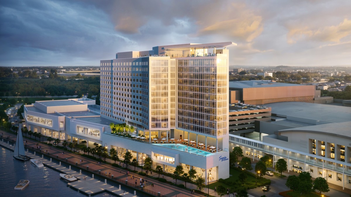 A rendering aerial image of the new Signia by Hilton Hotel along the Savannah River in Savannnah, GA