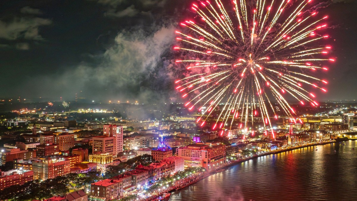 A fireworks display on River Street during New Year’s in Savannah, GA.