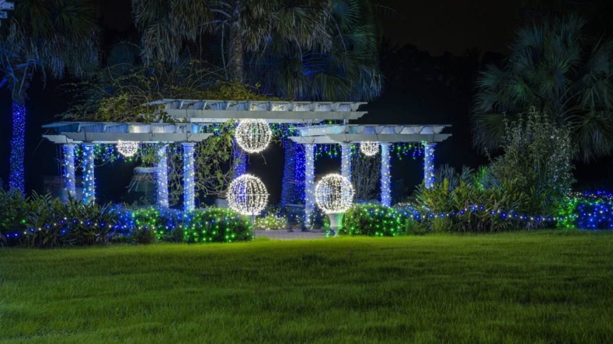 Coastal Georgia Botanical Gardens decorated in holiday lights.