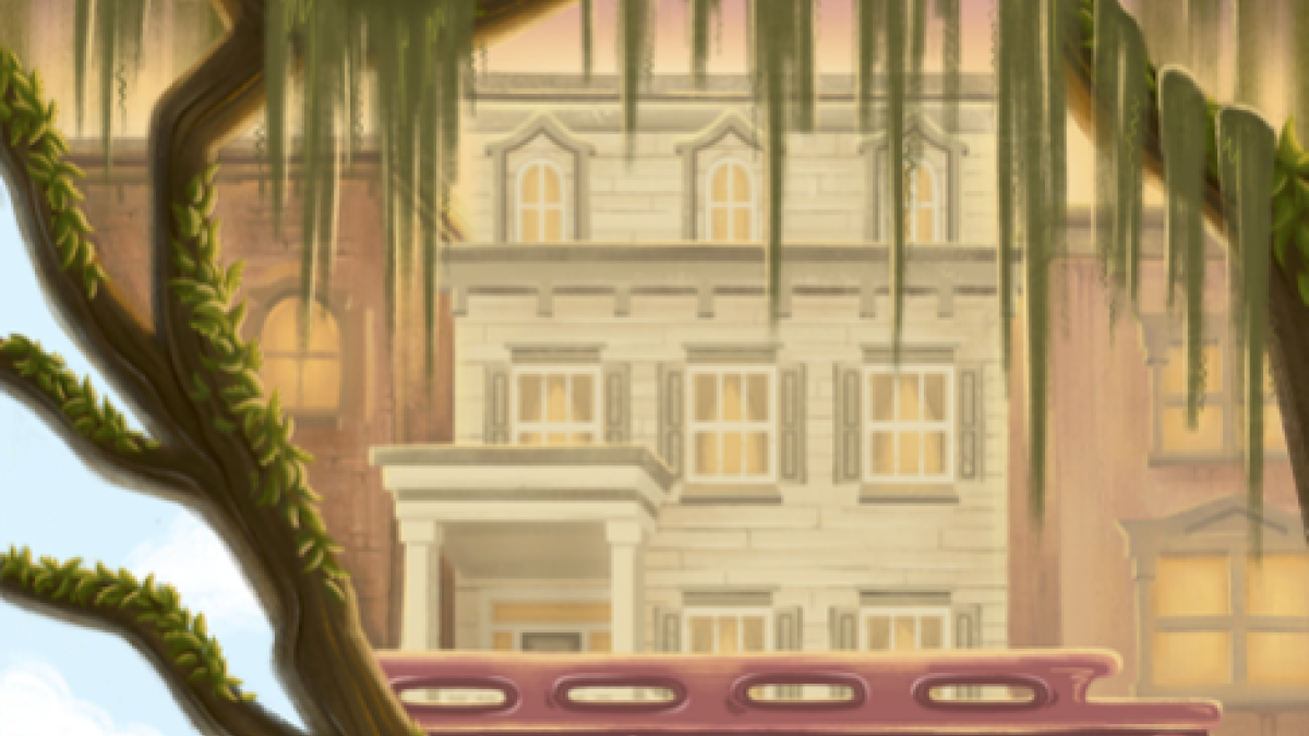 Illustrated cover of the Savannah & Tybee Island Official Destination Guide with Spanish moss, a historic home, a trolley and a coastal pier.