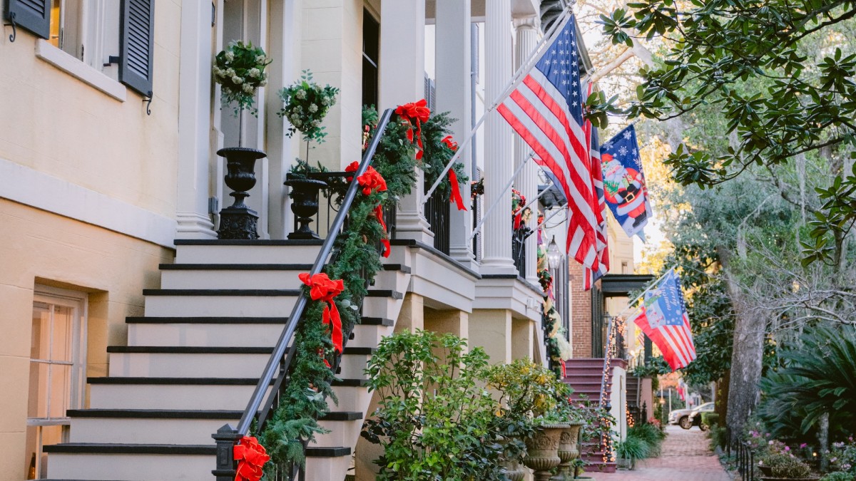 Holiday decor and lights on Jones Street in Savannah, GA.