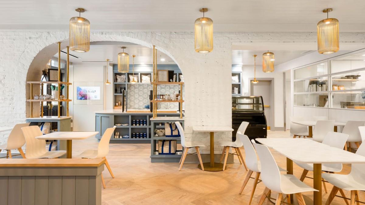 An empty restaurant dining room.