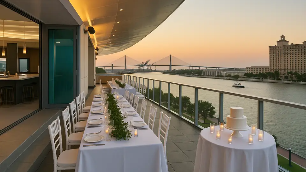 ntimate wedding reception setup on the Lavender Rooftop Kitchen & Bar terrace at AC Hotel Savannah, featuring a long table with white linens, candlelight, riverfront views and a sunset backdrop over the Savannah River.