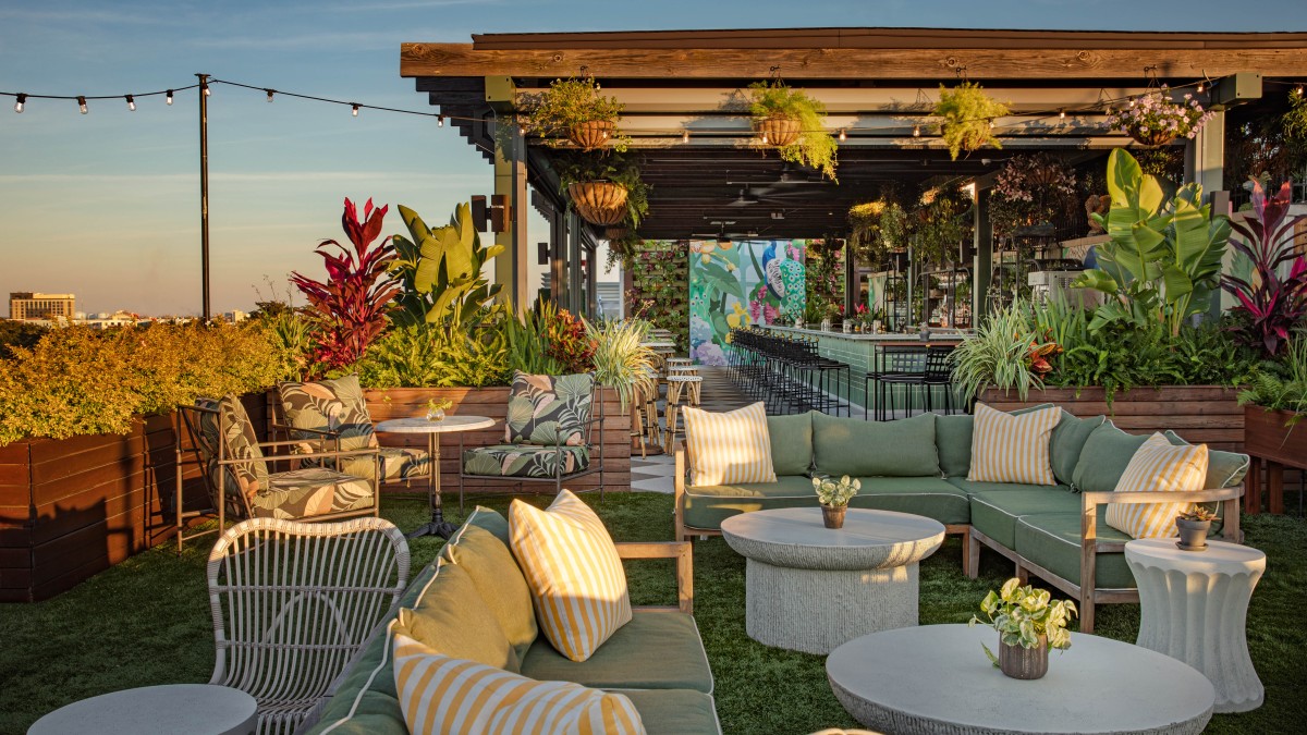Perry Lane Hotel’s Peregrin Rooftop Bar at sunset in Savannah, GA.