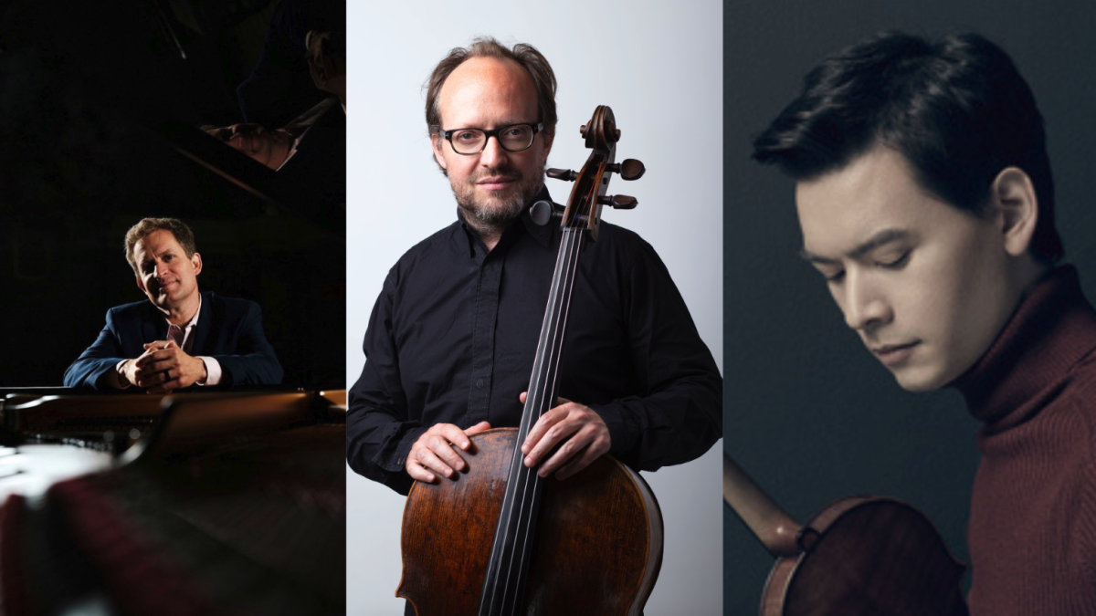 Three-panel image featuring classical musicians: a pianist at a grand piano, a cellist holding his instrument and a violinist in profile.