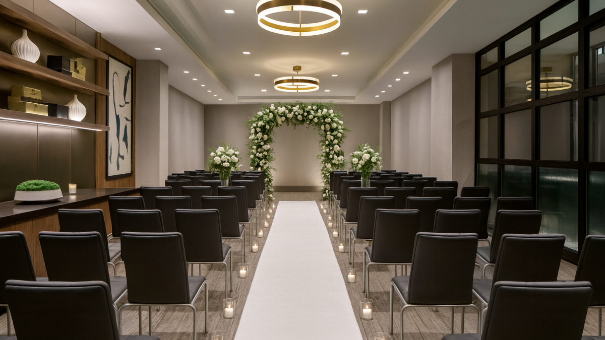 Modern indoor wedding ceremony setup with floral arch, white aisle runner and candlelit walkway.