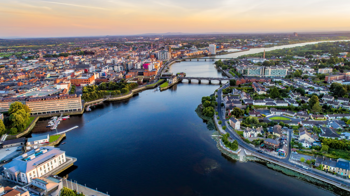 A drone city view of Limerick, Ireland.