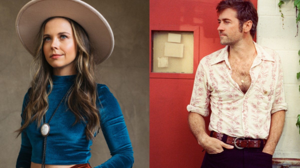 Portraits of two musicians, a woman in a hat and a man standing by a red door.