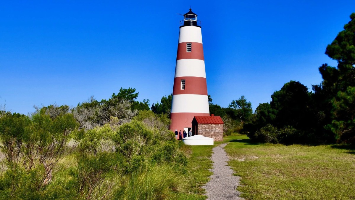 Red-and-white striped Sapelo Island Lighthouse surrounded by coastal greenery under a clear blue sky, with visitors gathered near the base.