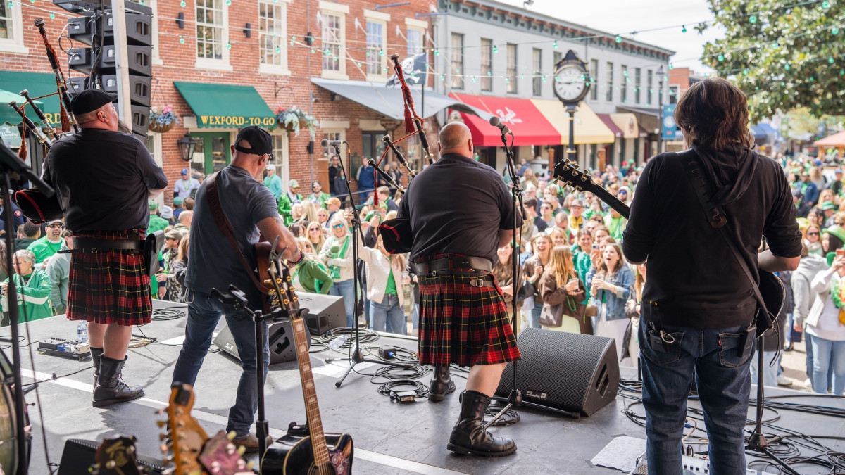 An Irish band plays live outdoors during St. Patrick’s Day at Savannah's City Market.