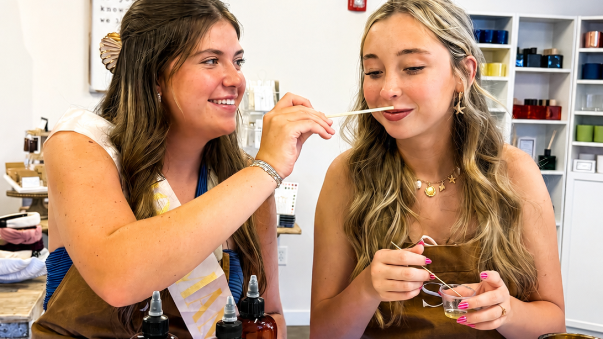Friends smelling fragrance oils for candle making.