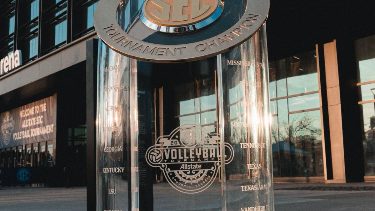 Allstate SEC Volleyball Tournament trophy displayed outside the Savannah Convention Center.