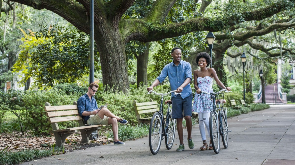 Biking in Forsyth Park in Savannah, Georgia.