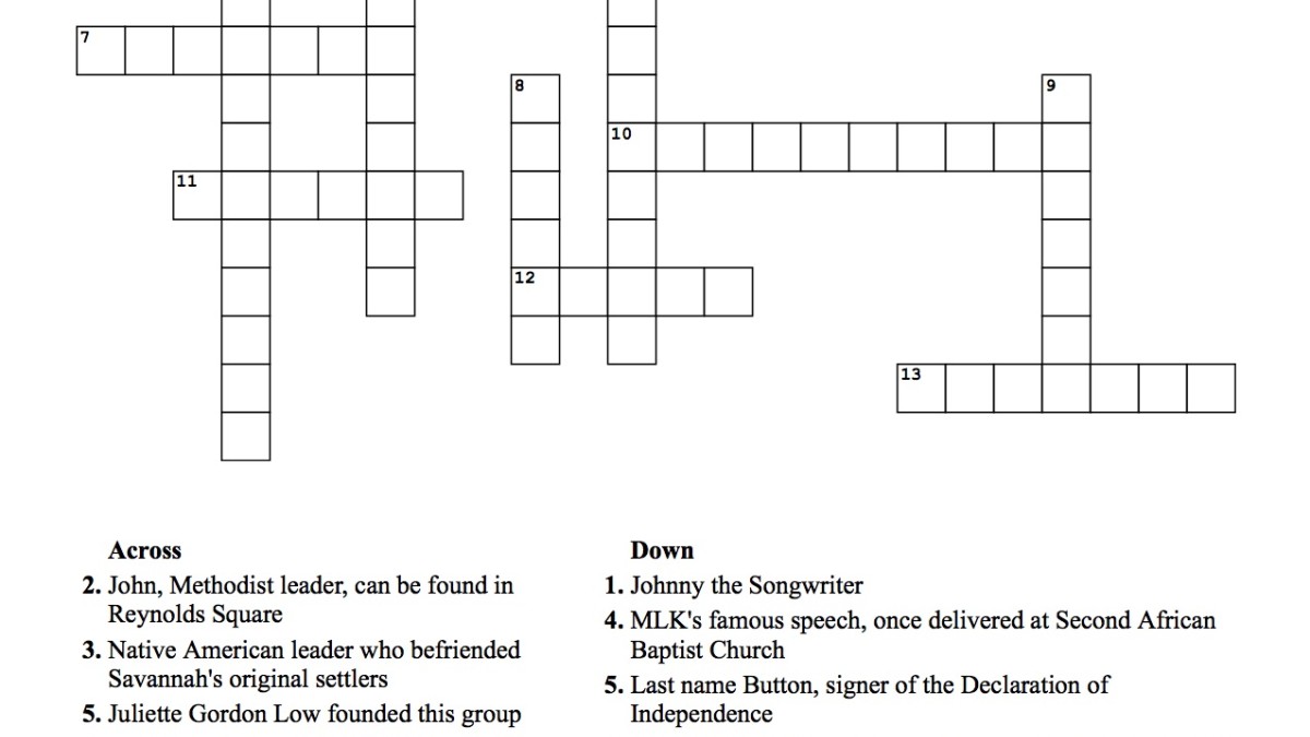 savannah history crossword for kids