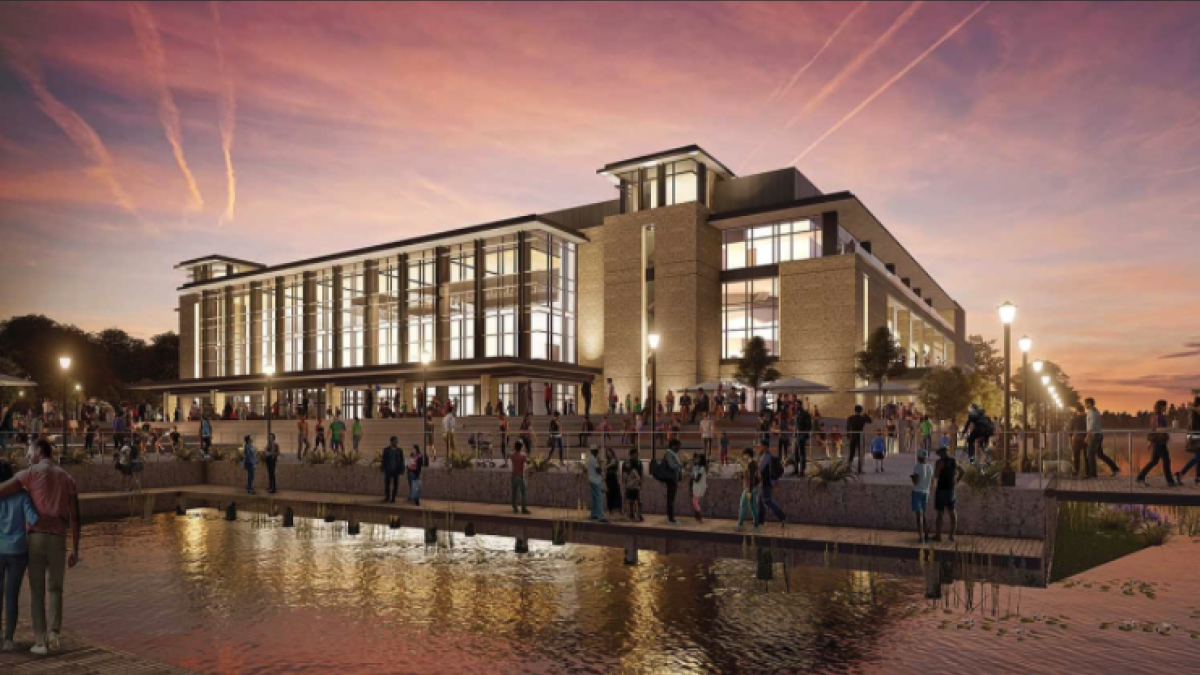 The exterior facade of Savannah's Enmarket Arena. The Savannah Enmarket Arena