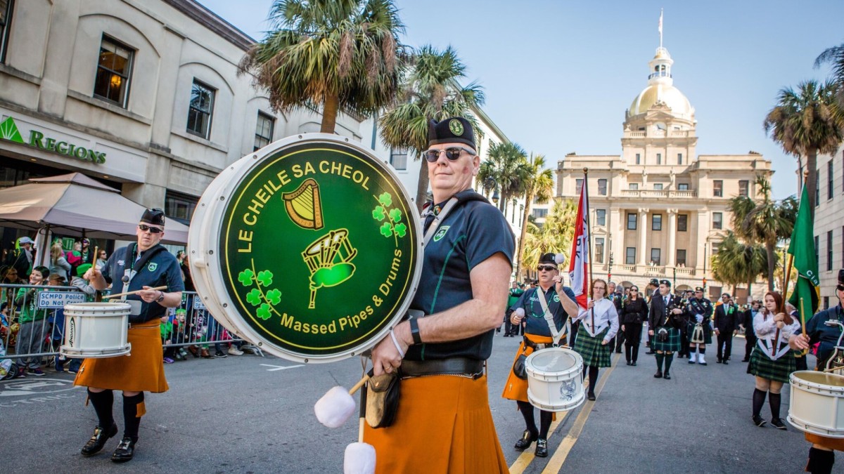 A drummer in Savannah's St. Patrick's Day Parade