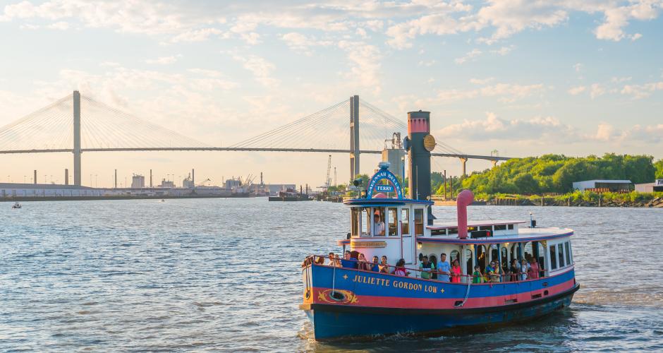 Savannah Belles Water Ferry boats can take large groups across the river in just three minutes