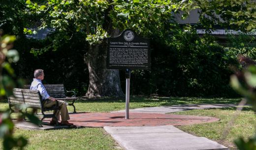 The Weeping Time Historic Marker in Savannah, Georgia A man looks at The Weeping Time Historic Marker in Savannah, Georgia