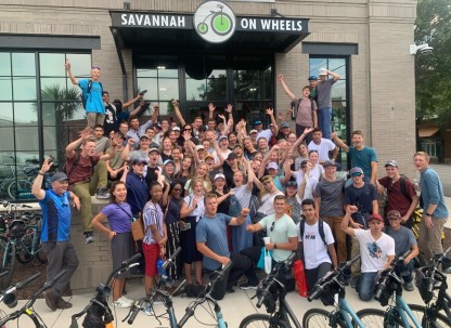 A group of students on a bike tour.