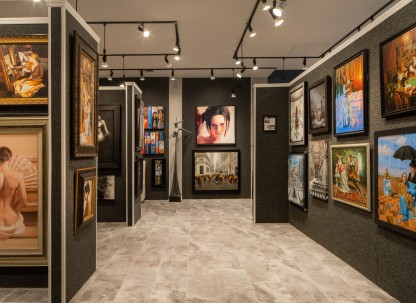 A retail gallery with walls of fine art.