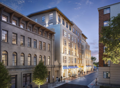 Exterior rendering of Tempo by Hilton Savannah Historic District, showing a modern mid-rise hotel with illuminated windows, street-level storefronts, and pedestrians walking along a city street at dusk.