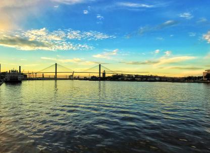 A sunset over River Street in Savannah, Georgia.