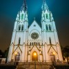 An eerie scene of a church at night.