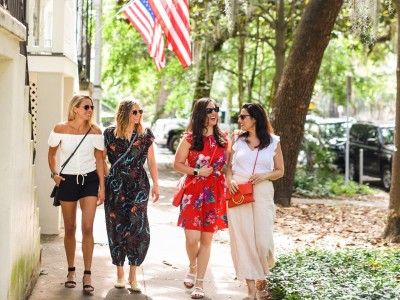 Girl group walking on Jones St., Savannah, GA
