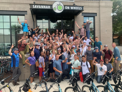 A group of students on a bike tour.