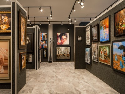 A retail gallery with walls of fine art.