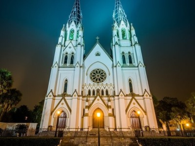 An eerie scene of a church at night.
