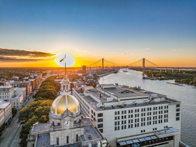 An aerial view of Savannah City Hall at sunset.