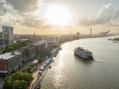 riverboat on the Savannah River at sunset
