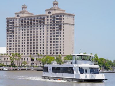 A ferry boat sailing in the Savannah River.